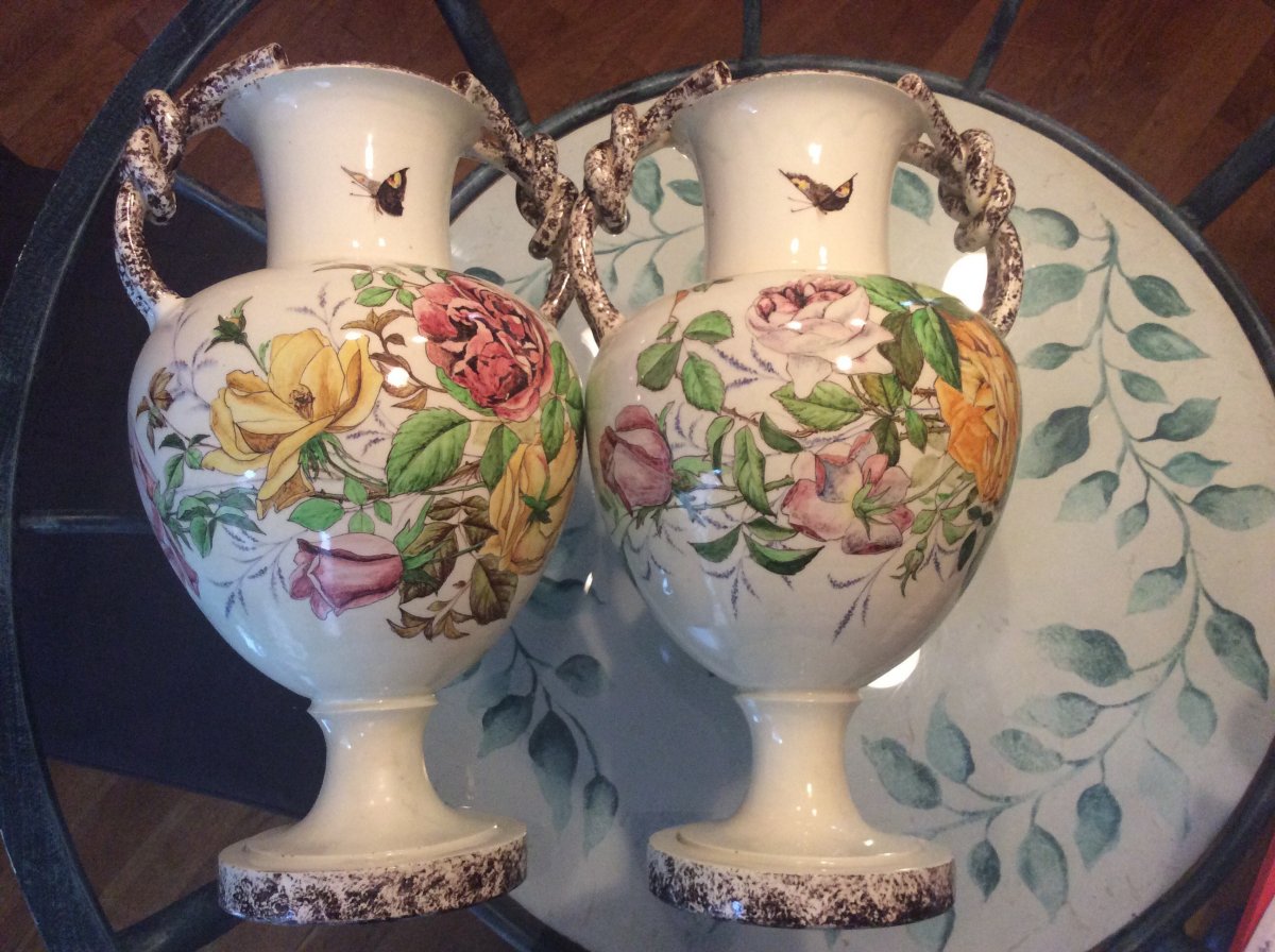 Pair Of Polychrome Earthenware Vases With Flower Decor Signed Mont-chevalier L.castel In Cannes.-photo-7