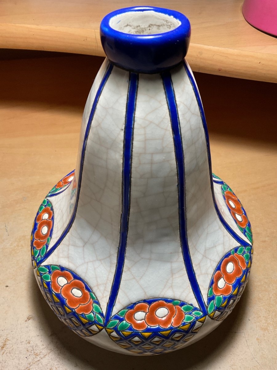 Art-deco Longwy Enamel Vase Decor D.5053 On White Background.-photo-8