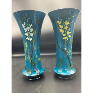 Pair Of Polychrome Cornet Vases In Earthenware From The Manufacture De Montereau With Floral Decor On A Blue Background.