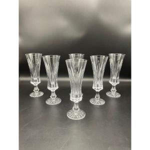 Six Champagne Flutes In Colorless Crystal Cut From The Daum Crystal Factory Chevreuse Model.