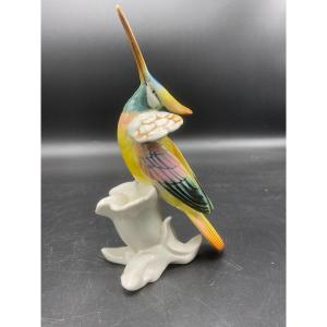 Polychrome Porcelain Bird From The Karl-ens Manufacture Representing A Hummingbird.