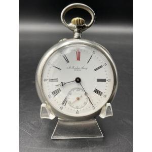 Orion Gusset Or Pocket Watch In Sterling Silver With Chiseled Decor Of A Coat Of Arms And Guilloche.