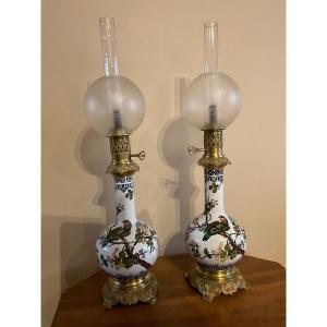 Pair Of Polychrome Lamps In Gien Earthenware Decorated With Birds On A Branch With Flowers On A Background White.