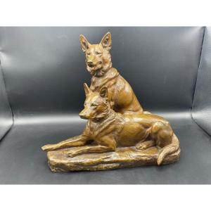 (bronze With Patina Medal Representative Two German Shepherd Signed Louis Riché Founder Colin.