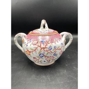 Polychrome Porcelain Sugar Bowl From Sarreguemines Minton Printed Decor Number 219