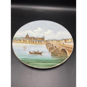 Gien Earthenware Dish Representing The Town Of Gien And The Anne De Beaujeu Bridge Signed E.blay.