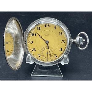 Just Brand Pocket Watch Or Savonnette Pocket Watch In Solid Niello Silver.