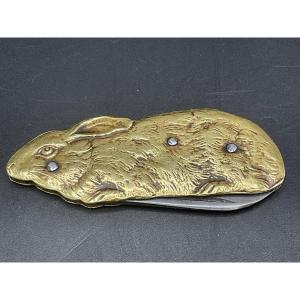 Antique Figurative Folding Pocket Knife Chiseled And Guilloché Representing A Lying Rabbit.