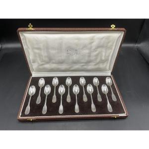 Twelve Sterling Silver Mocha Spoons, Minerva Hallmark, First Title, Goldsmith Hénin & Cie.