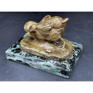 Animal Bronze With A Golden Patina Representing A Chick And A Fly On The Ground Signed Arson