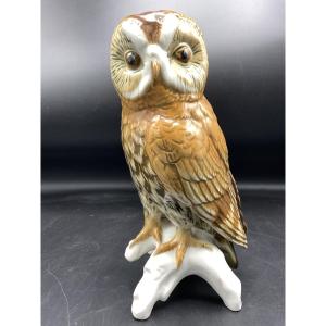 Large Polychrome Porcelain Owl Perched On A Branch From The Karl Ens Manufactory.