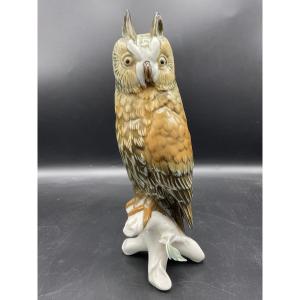 Grand Hibou Grand Duc En Porcelaine Polychrome De La Manufacture De Karl Ens.