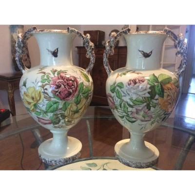 Pair Of Polychrome Earthenware Vases With Flower Decor Signed Mont-chevalier L.castel In Cannes.
