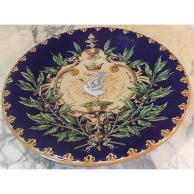 Large Blois Earthenware Dishes By émile Balon With Crowned Swan Decor And Olive Branches.