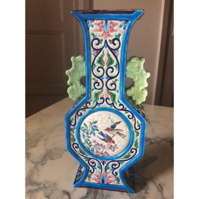 Polychrome Flambeau Vase In Longwy Enamels With Round Cartel Of Trendy And Floral Birds.