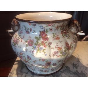 Large Longchamp Polychrome Earthenware Planter With Rounded Belly And Godronné Shape Decor Printed With Bouquets Of Flowers On A Cream White Background.