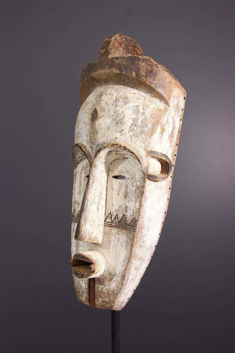 Grand masque tribal Fang en bois de Ngil, de couleur marron, crème et rouge, Gabon, années 1970-photo-4