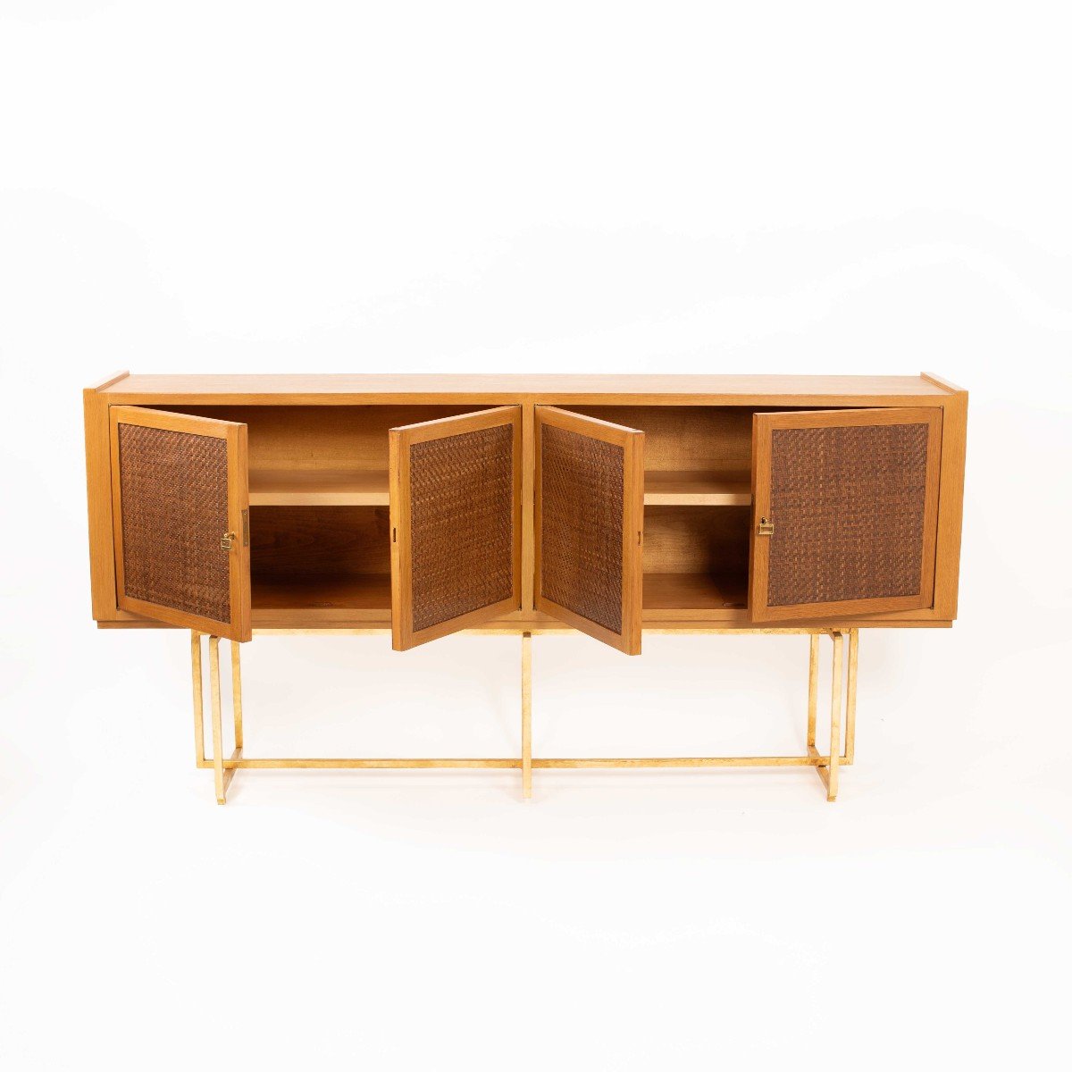 Mid-century Italian Sideboard Oakwood Gilt Metal Base, Leather Front Doors 1960s-photo-2