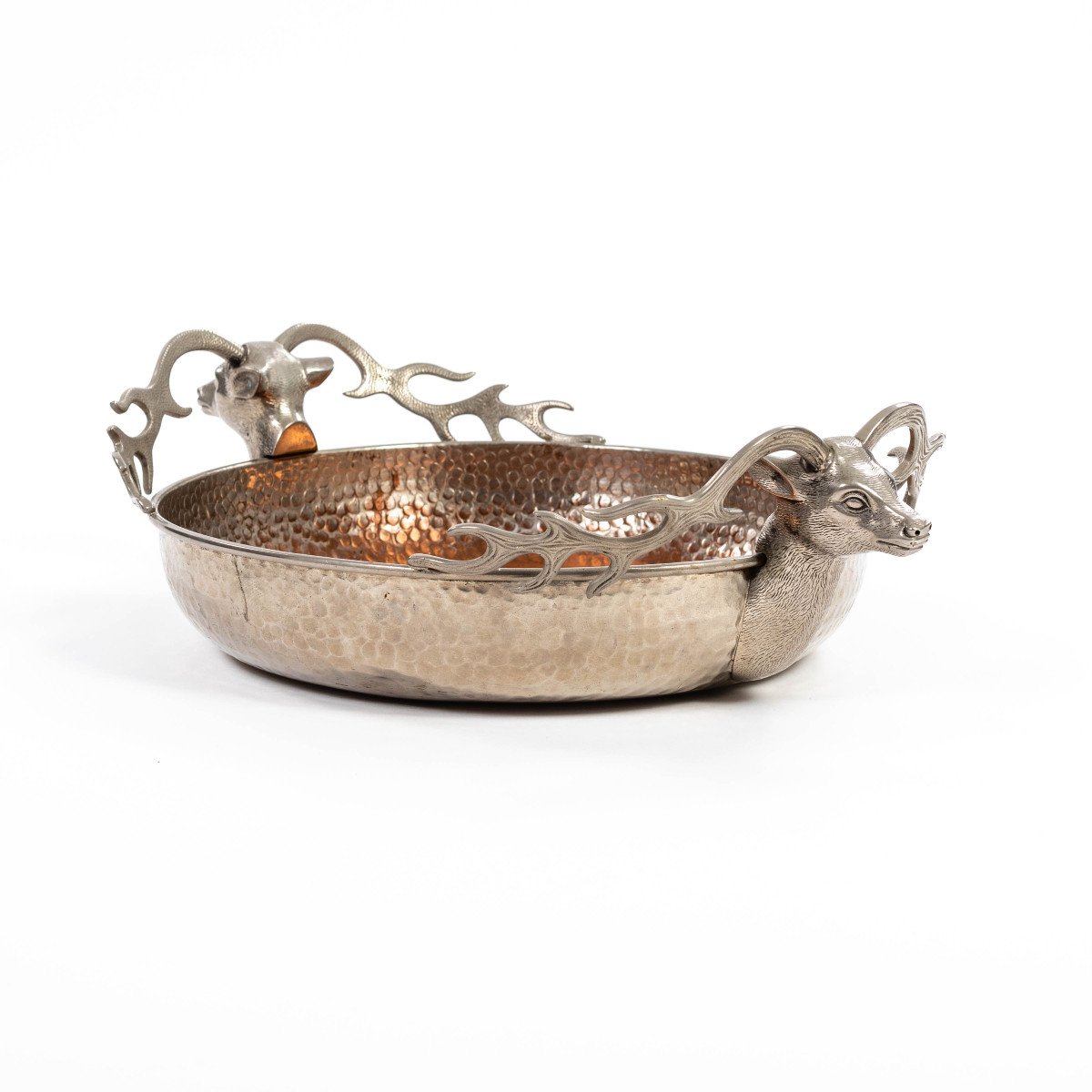 Italian Silver-plated Vintage Bowl With Stag Handles In The Style Of Gucci 1970s-photo-2