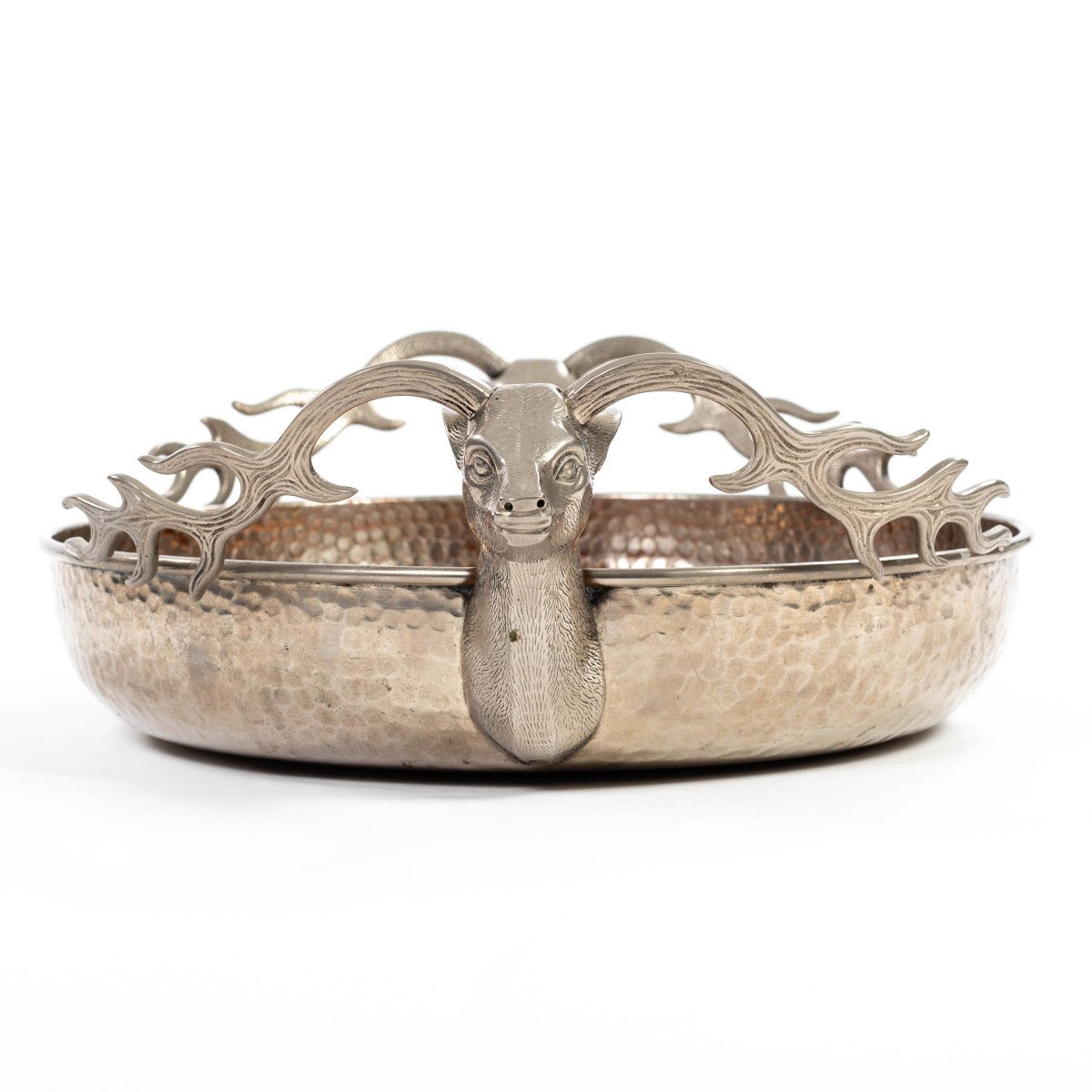 Italian Silver-plated Vintage Bowl With Stag Handles In The Style Of Gucci 1970s-photo-2