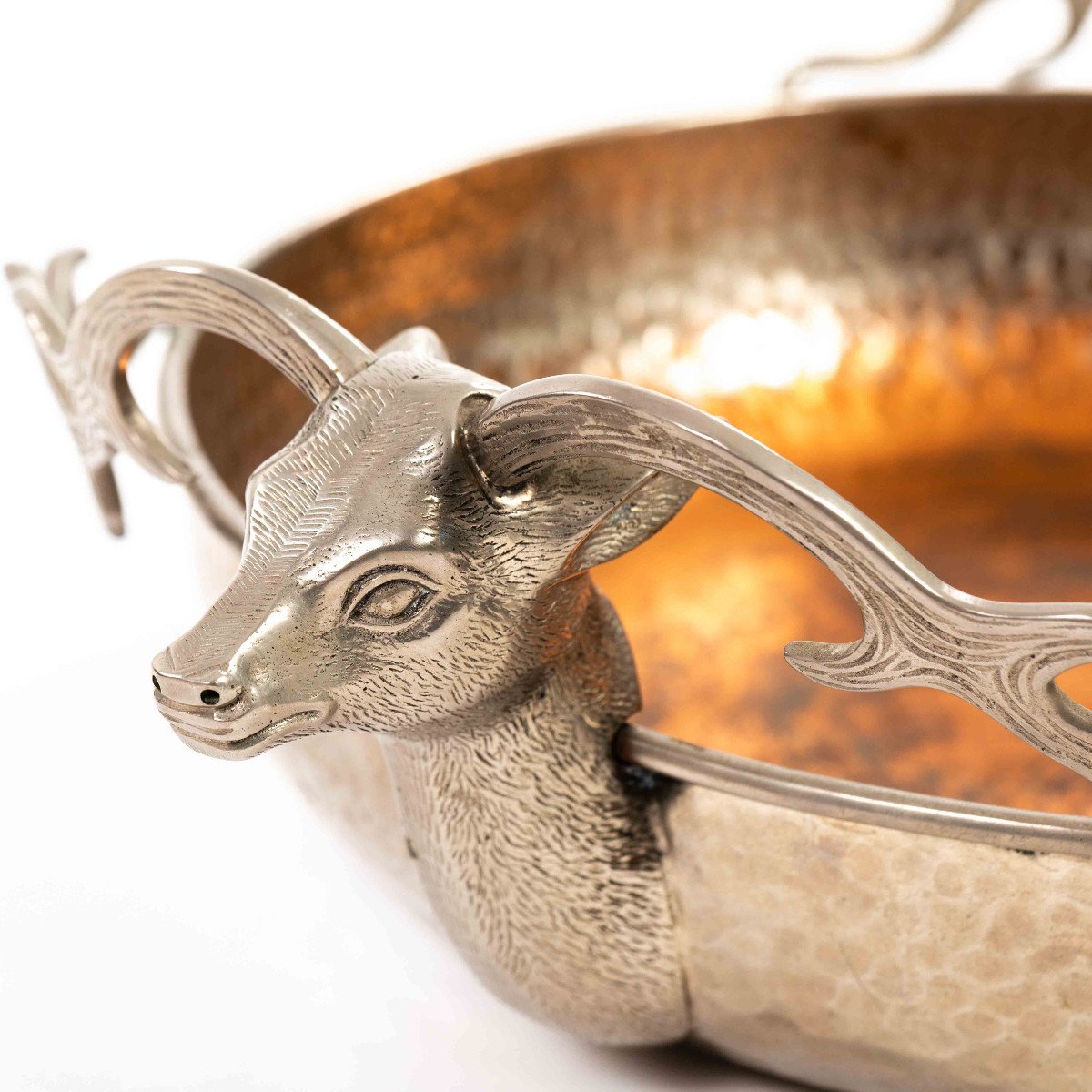 Italian Silver-plated Vintage Bowl With Stag Handles In The Style Of Gucci 1970s-photo-6