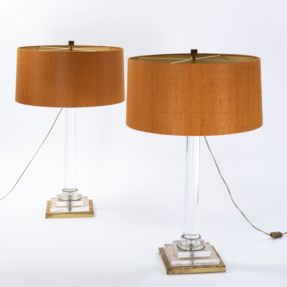 Paire de lampes de table en acrlyque italienne du milieu du siècle, base dorée, par F. Loffredo, années 1970-photo-3