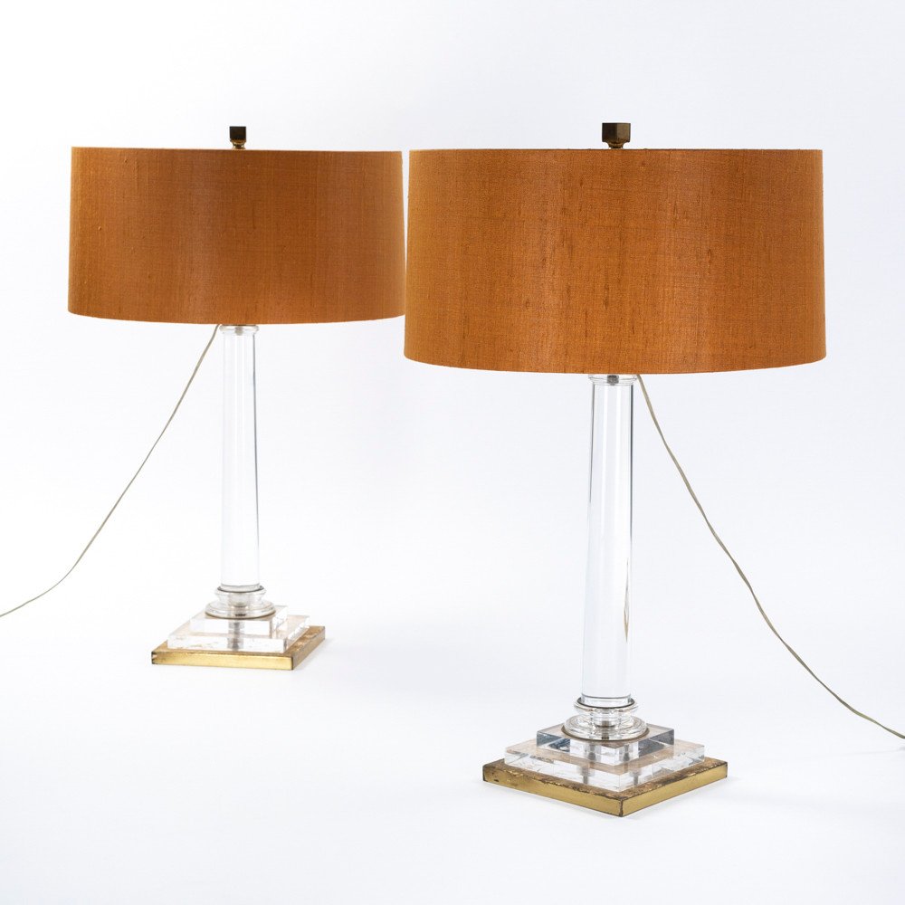 Pair Of Italian Mid-century Acrlyic Table Lamps Gilded Base By F. Loffredo 1970s-photo-4