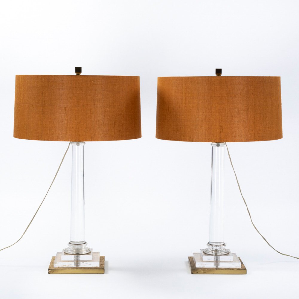 Pair Of Italian Mid-century Acrlyic Table Lamps Gilded Base By F. Loffredo 1970s