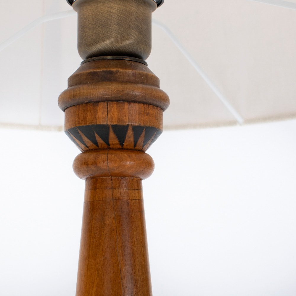 French Art Deco Table Lamp In Walnut With Stylized Floral Decoration 1930s-photo-2