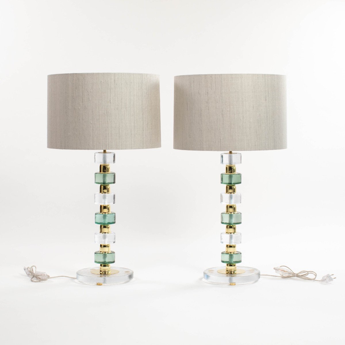 Paire de lampes de table en verre Muranoglass du milieu du siècle dernier Clair-vert-doré Itali-photo-3