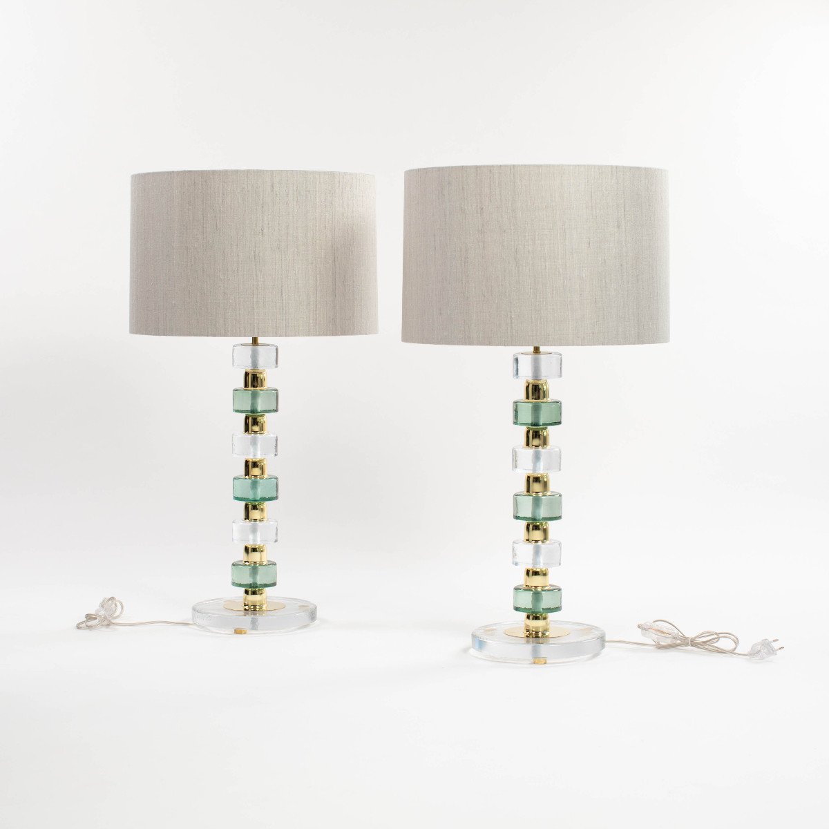 Paire de lampes de table en verre Muranoglass du milieu du siècle dernier Clair-vert-doré Itali-photo-4