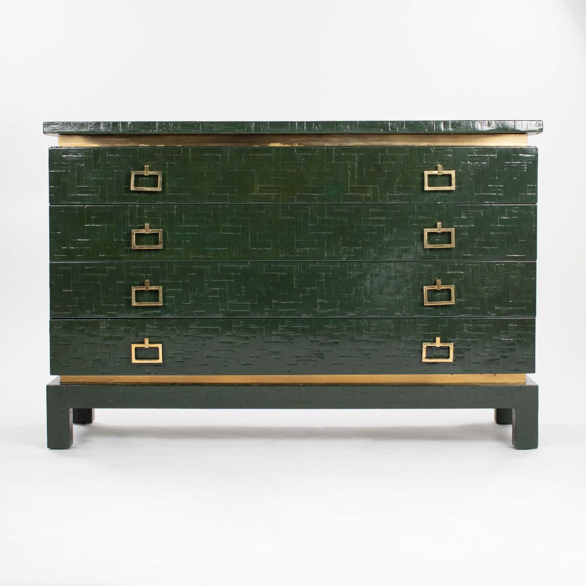 Italian Mid-century Fir Green Wood-rattan Chest With Brass Hardware 1960s-photo-3