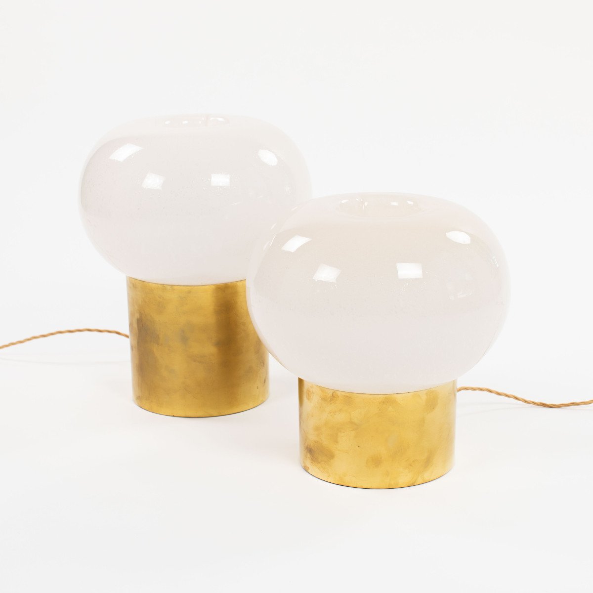 Pair Of Italian Mid-century Brass & Muranoglass Mushroom Shaped Table Lamps 1970-photo-2