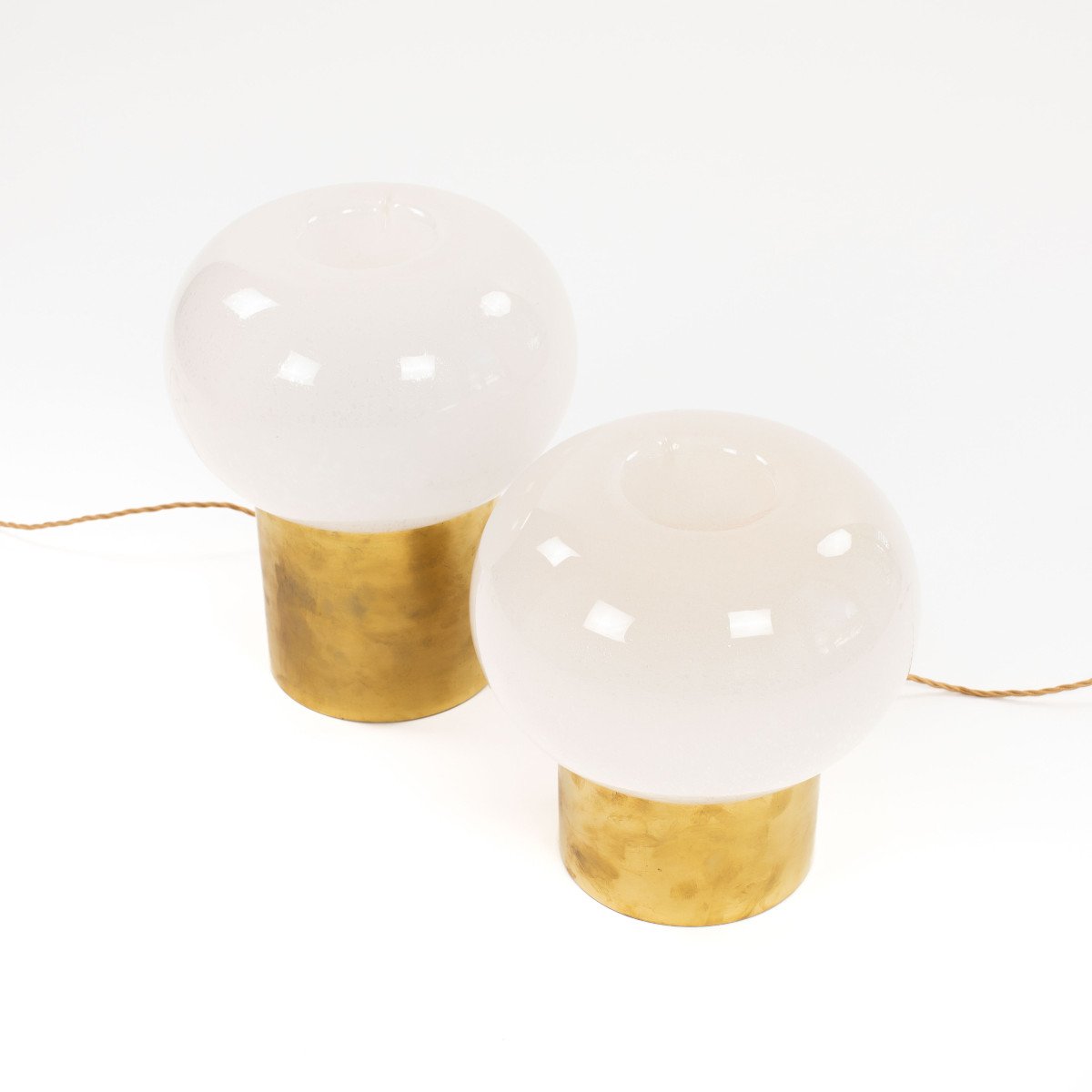 Pair Of Italian Mid-century Brass & Muranoglass Mushroom Shaped Table Lamps 1970-photo-3