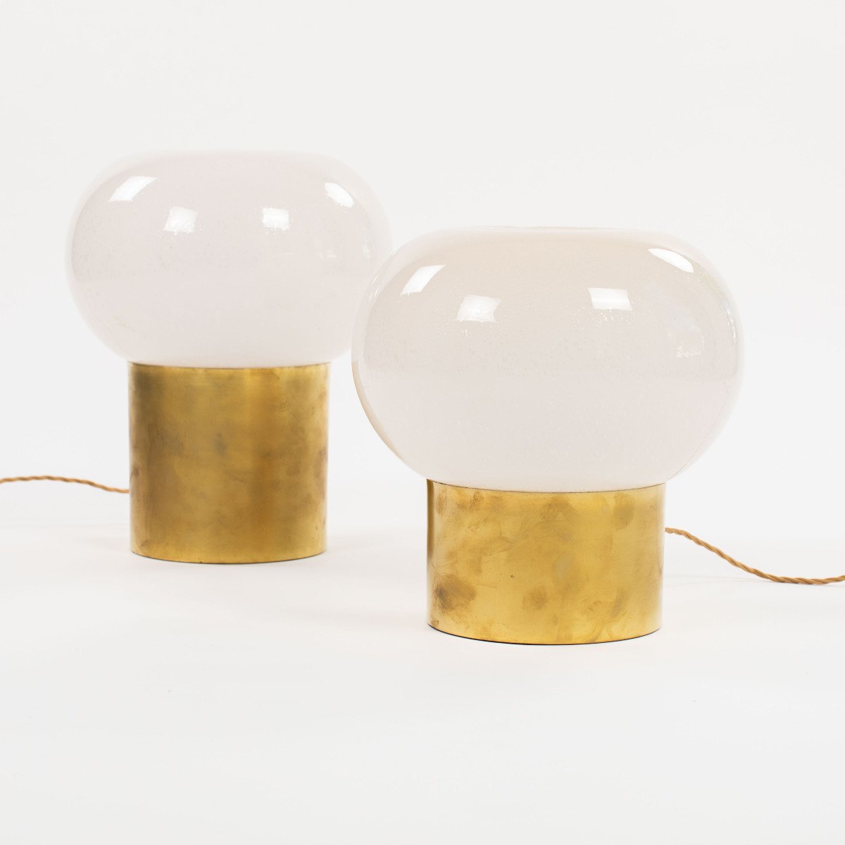 Pair Of Italian Mid-century Brass & Muranoglass Mushroom Shaped Table Lamps 1970