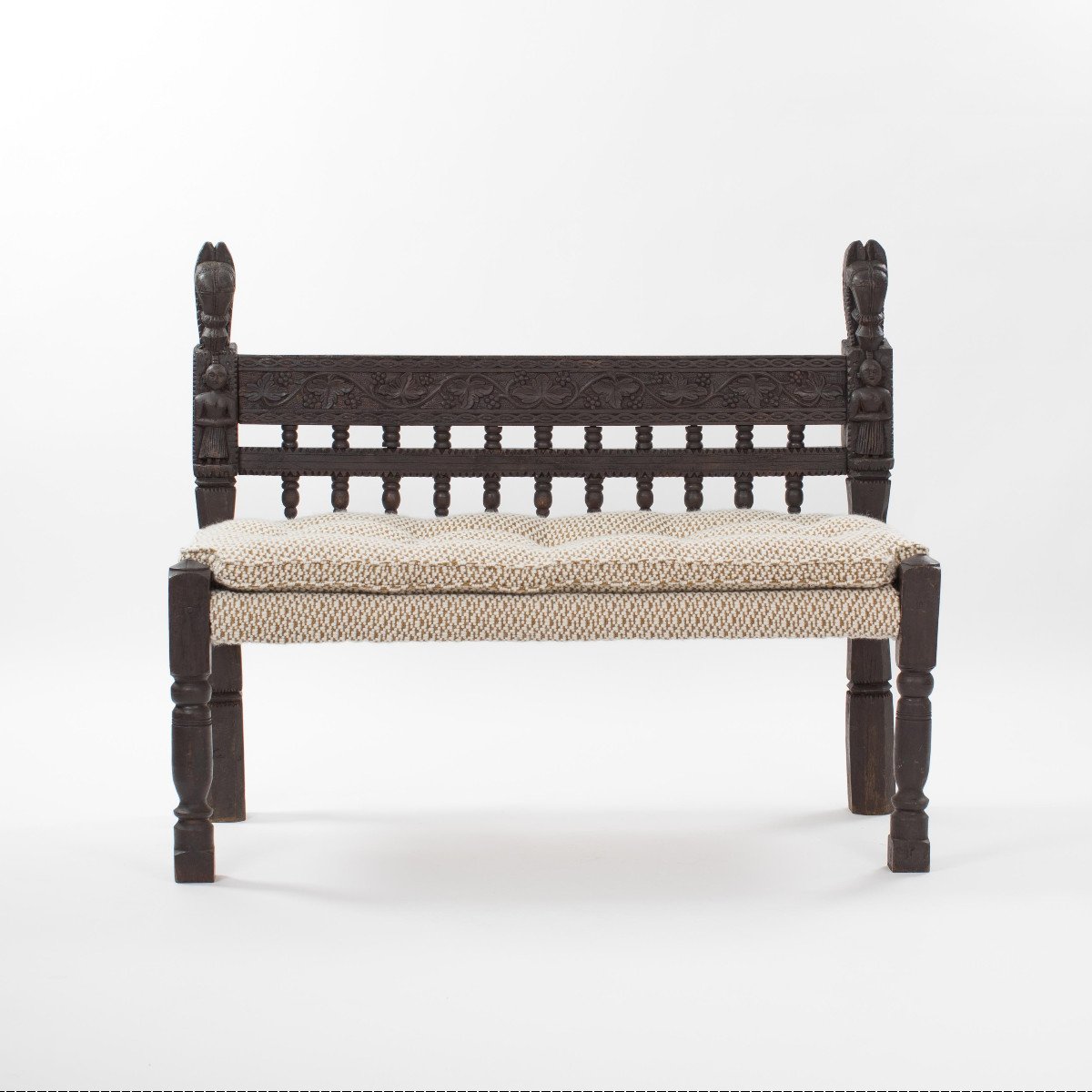 Carved Asian Wooden Bench / Settee With Floral Details Myanmar 1920s-photo-2