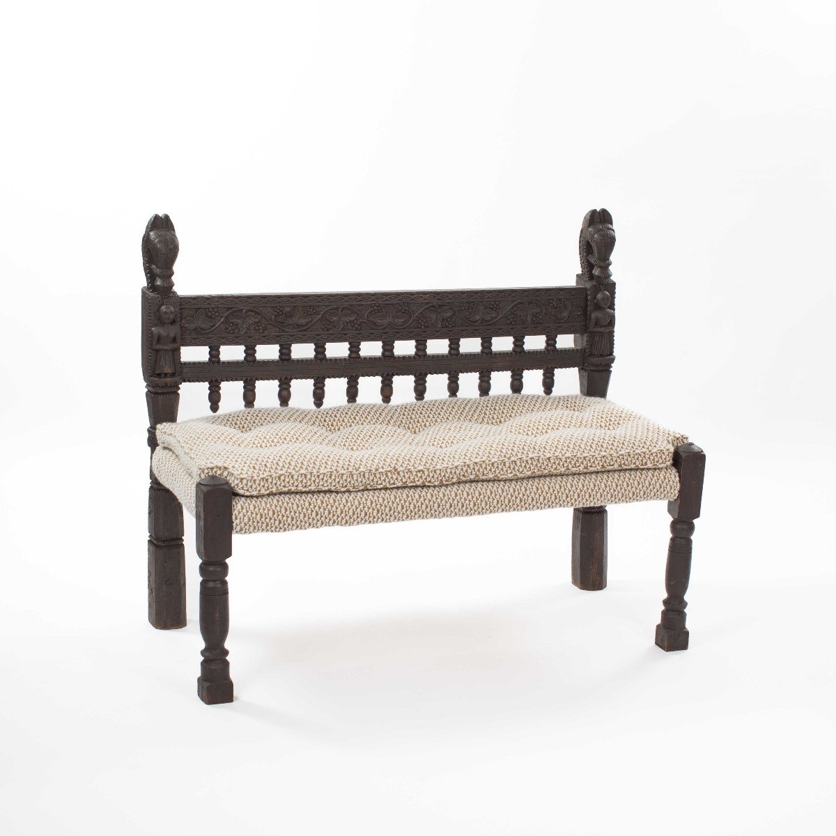 Carved Asian Wooden Bench / Settee With Floral Details Myanmar 1920s-photo-4