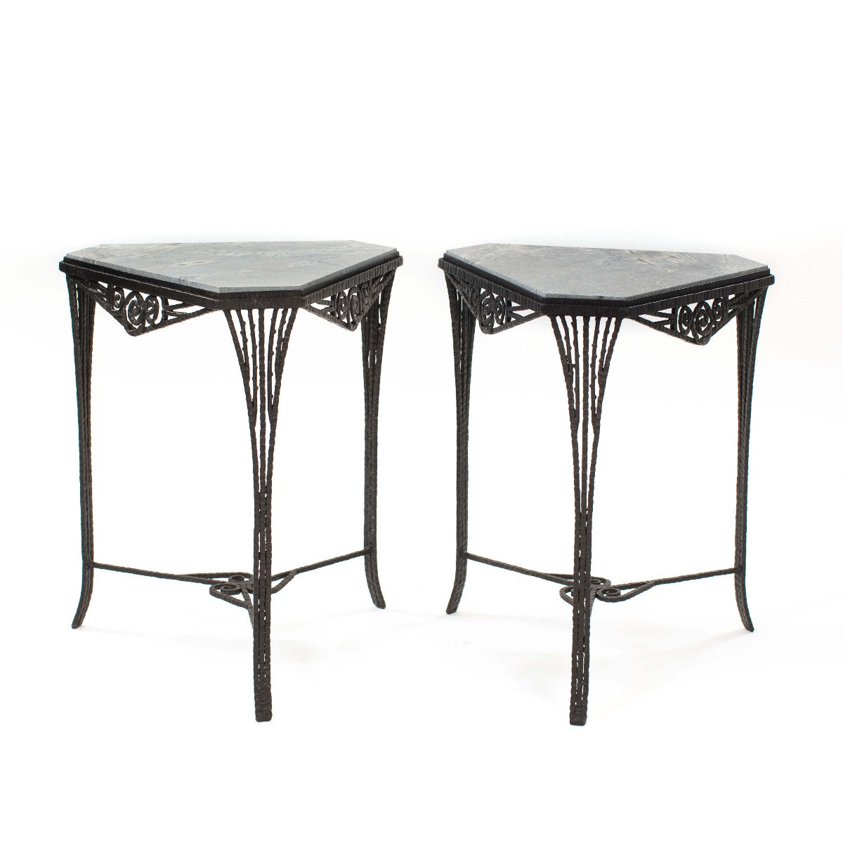 Pair Of French Art Déco Gueridons Forged Iron Gray Marble Top 1920s-photo-2