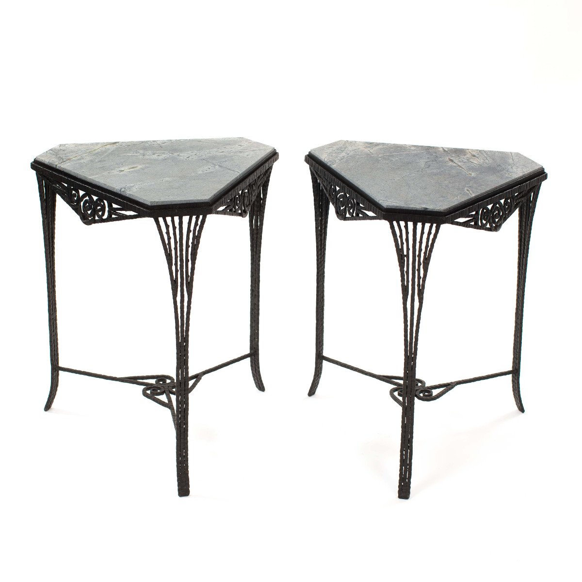 Pair Of French Art Déco Gueridons Forged Iron Gray Marble Top 1920s-photo-4