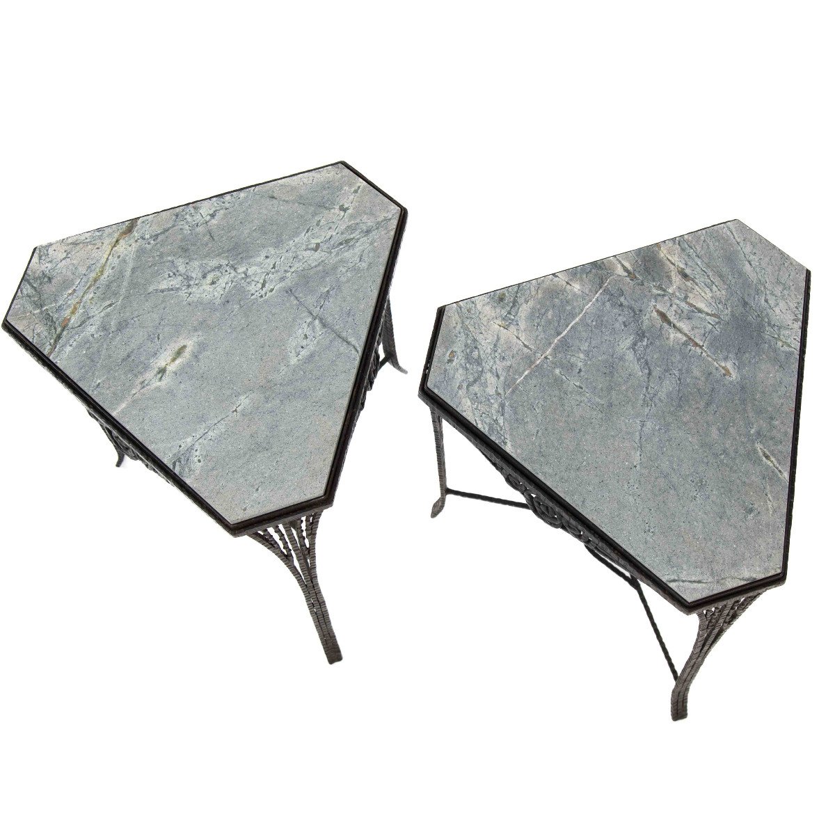 Pair Of French Art Déco Gueridons Forged Iron Gray Marble Top 1920s-photo-2