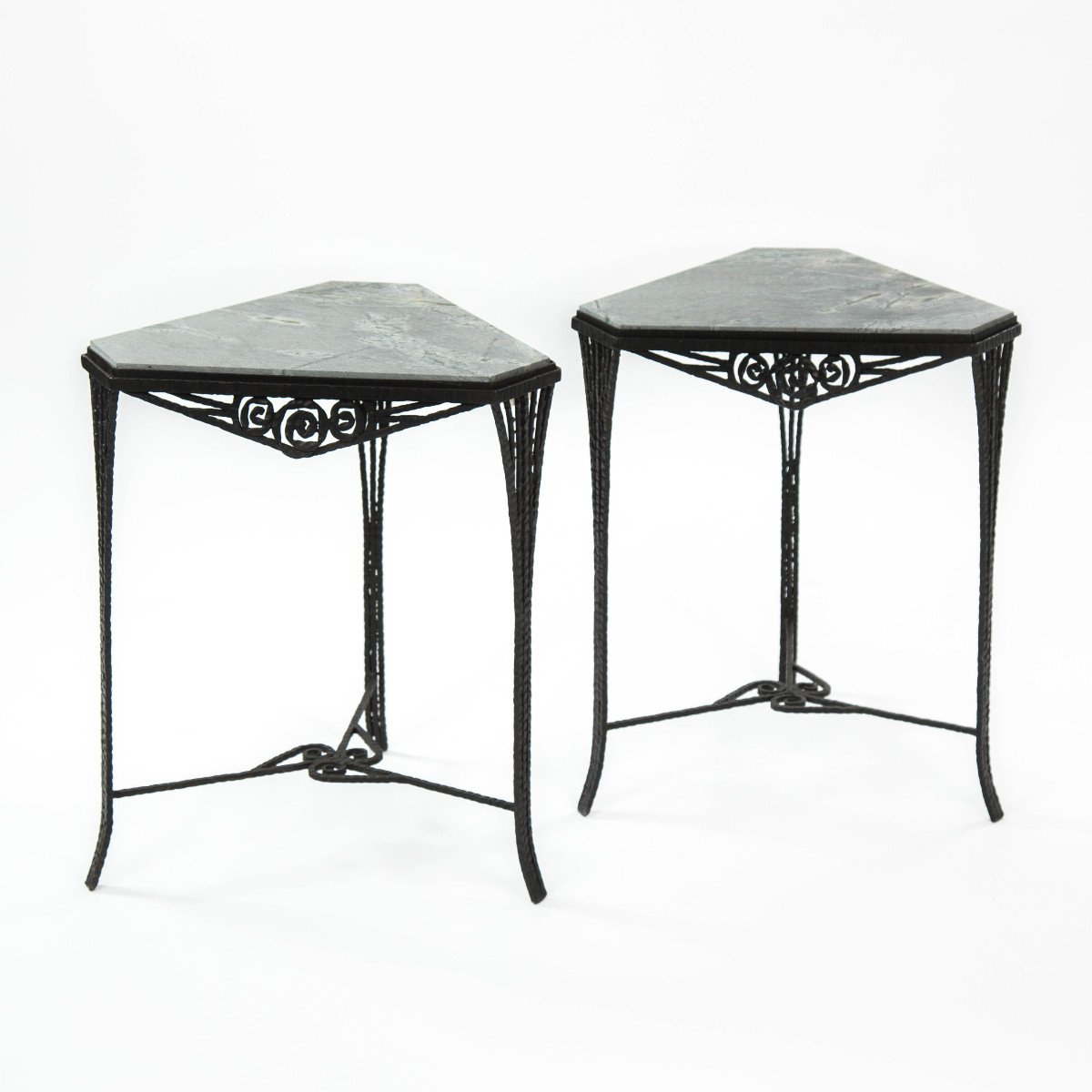 Pair Of French Art Déco Gueridons Forged Iron Gray Marble Top 1920s-photo-3