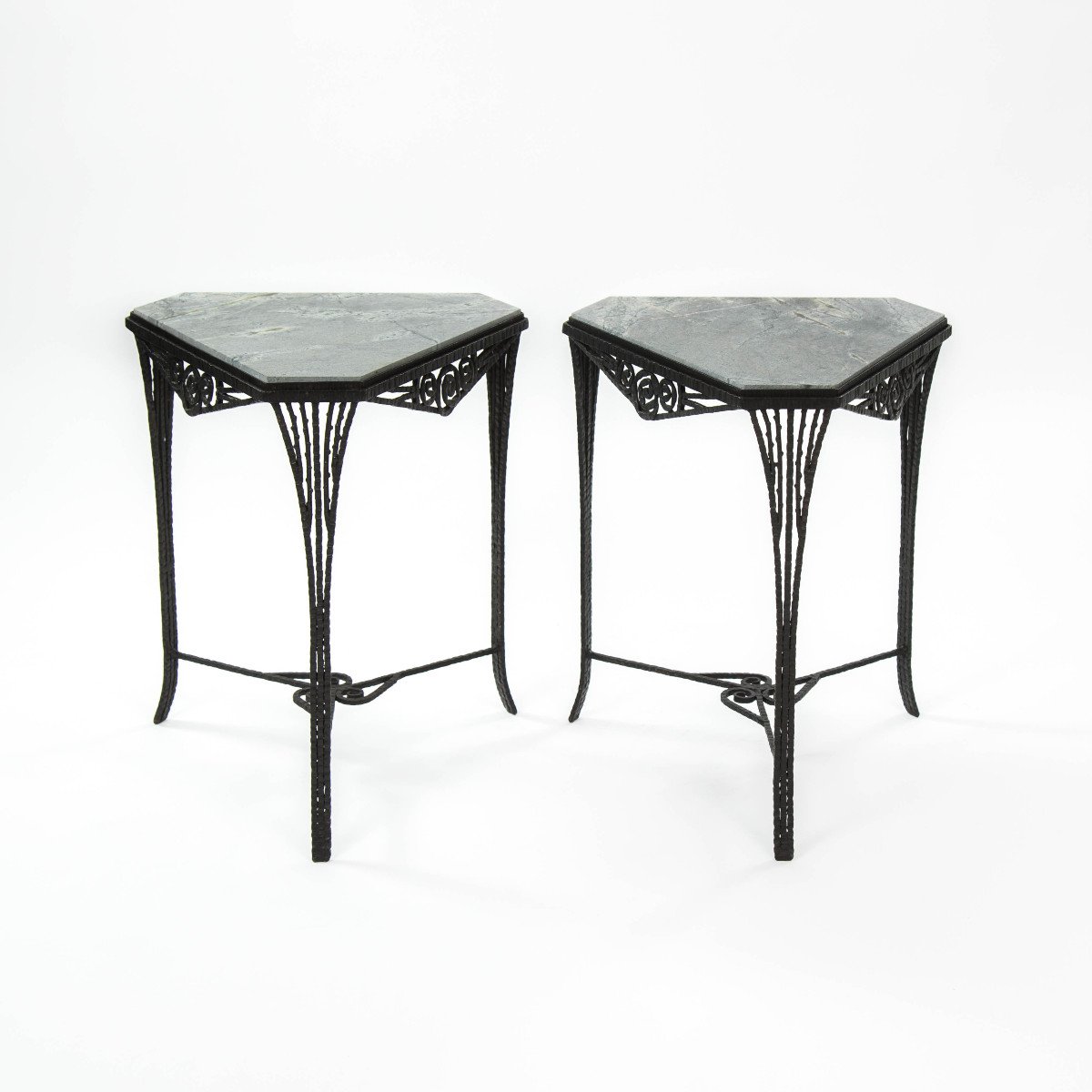 Pair Of French Art Déco Gueridons Forged Iron Gray Marble Top 1920s-photo-4