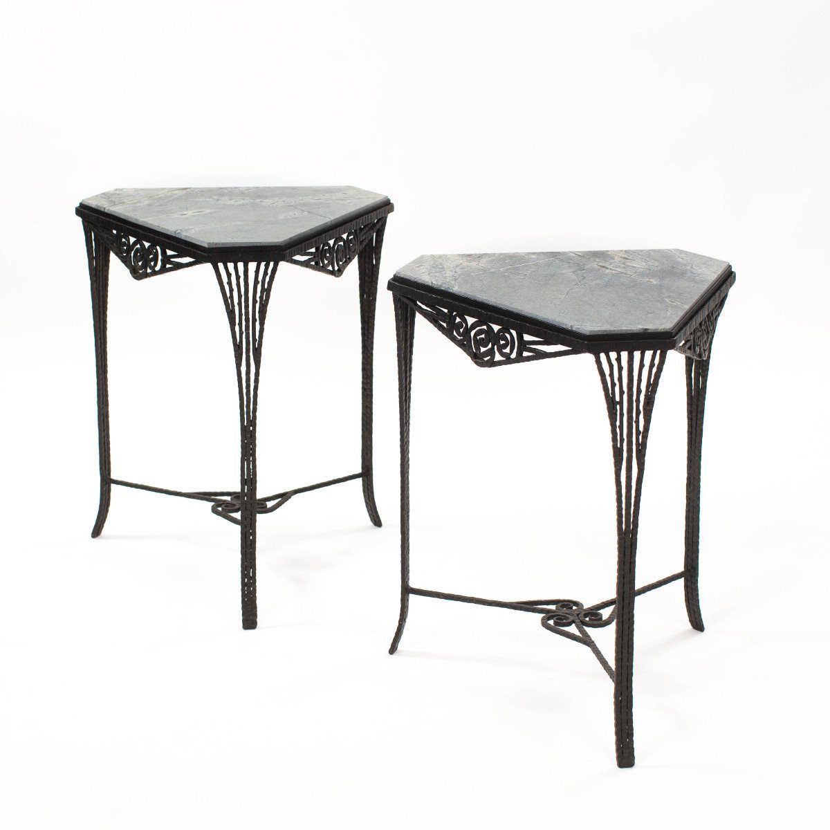 Pair Of French Art Déco Gueridons Forged Iron Gray Marble Top 1920s