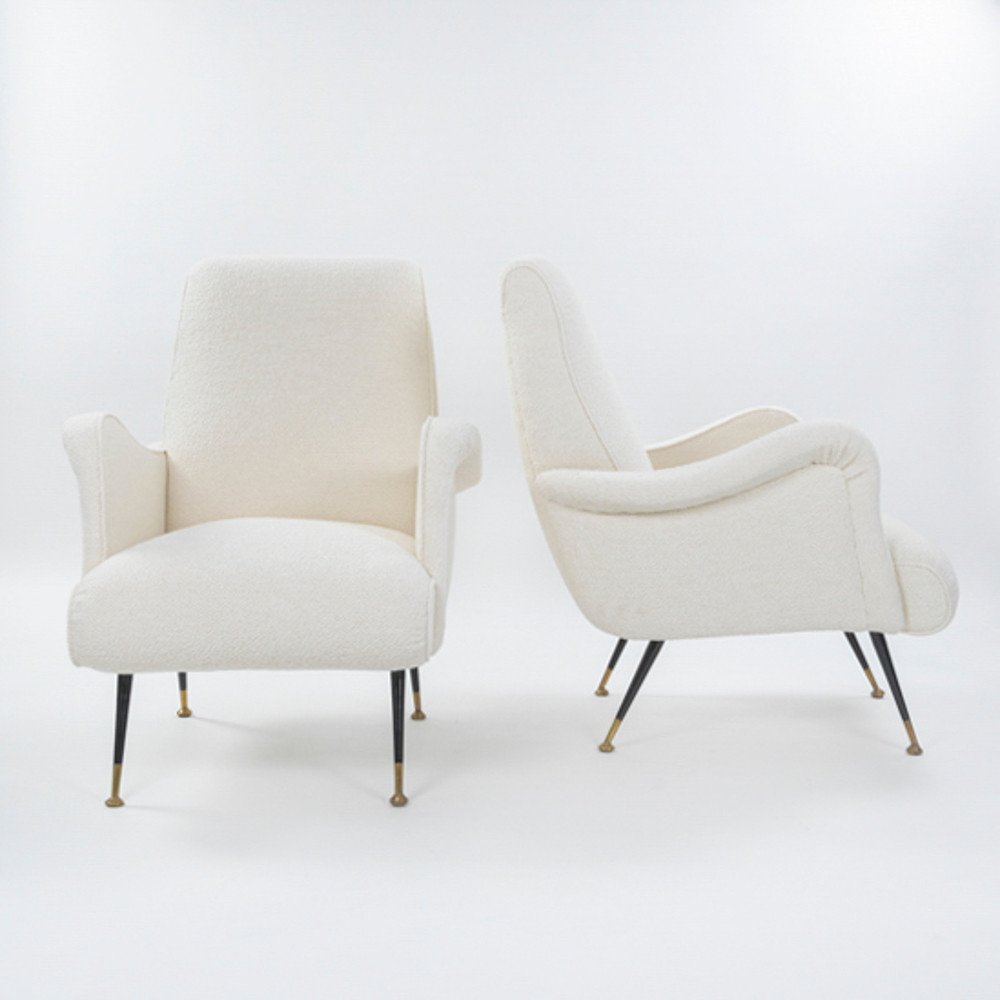 Pair Of Italian Mid-century Armchairs Off-white Bouclé Fabric By G. Radice 1950s-photo-2