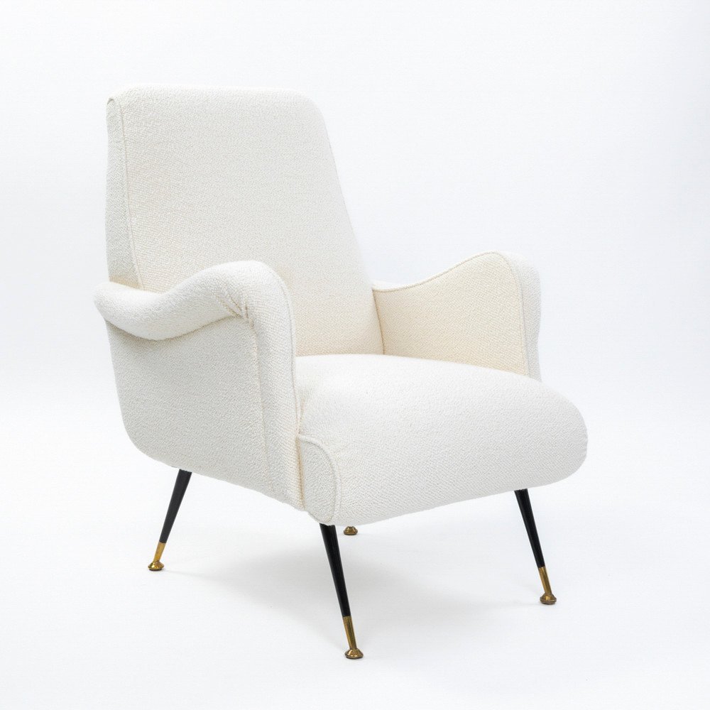 Pair Of Italian Mid-century Armchairs Off-white Bouclé Fabric By G. Radice 1950s-photo-4