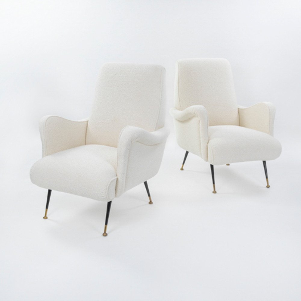 Pair Of Italian Mid-century Armchairs Off-white Bouclé Fabric By G. Radice 1950s