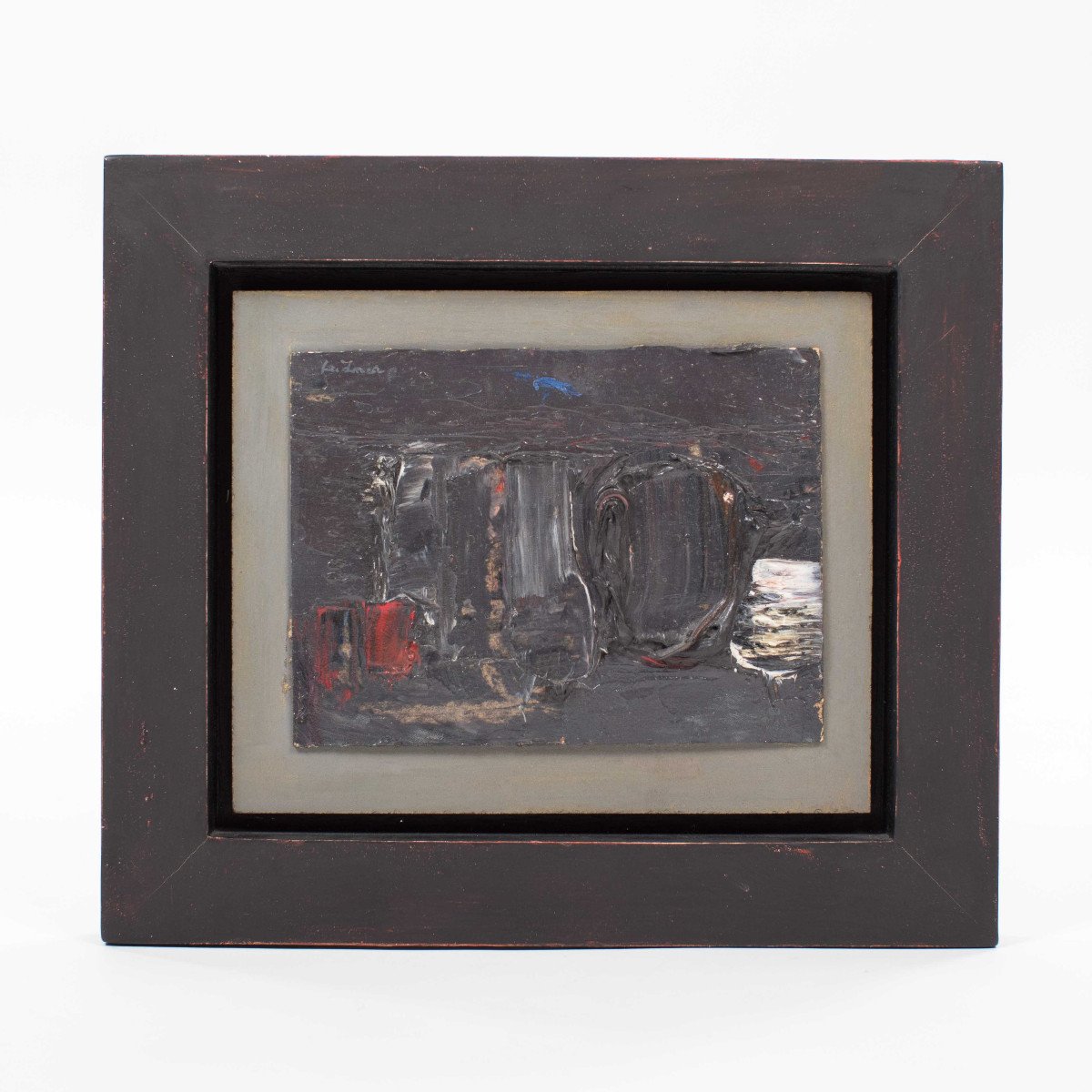 Small French Abstract Modern Composition In Olive-grey-red By René Leindner