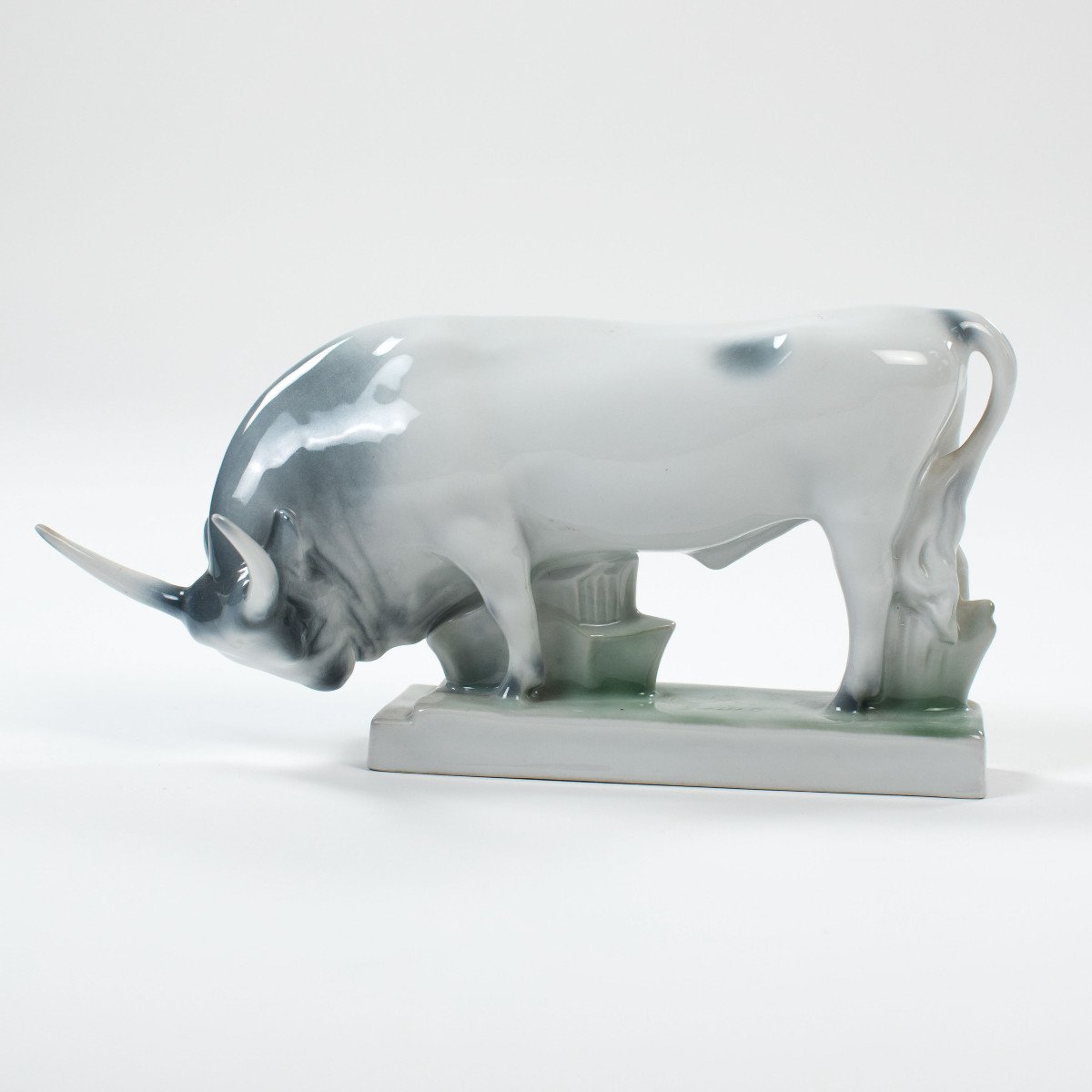 Mid-century Hungarian Porcelain Bull In Soft Gray-green Colors By Zsolnay