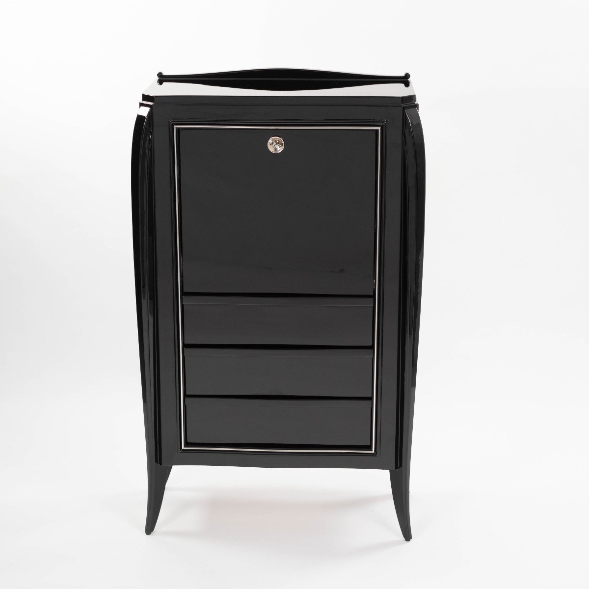 Secretaire Art Déco français Laque noire brillante Raccords plaqués nickel 1925-photo-2