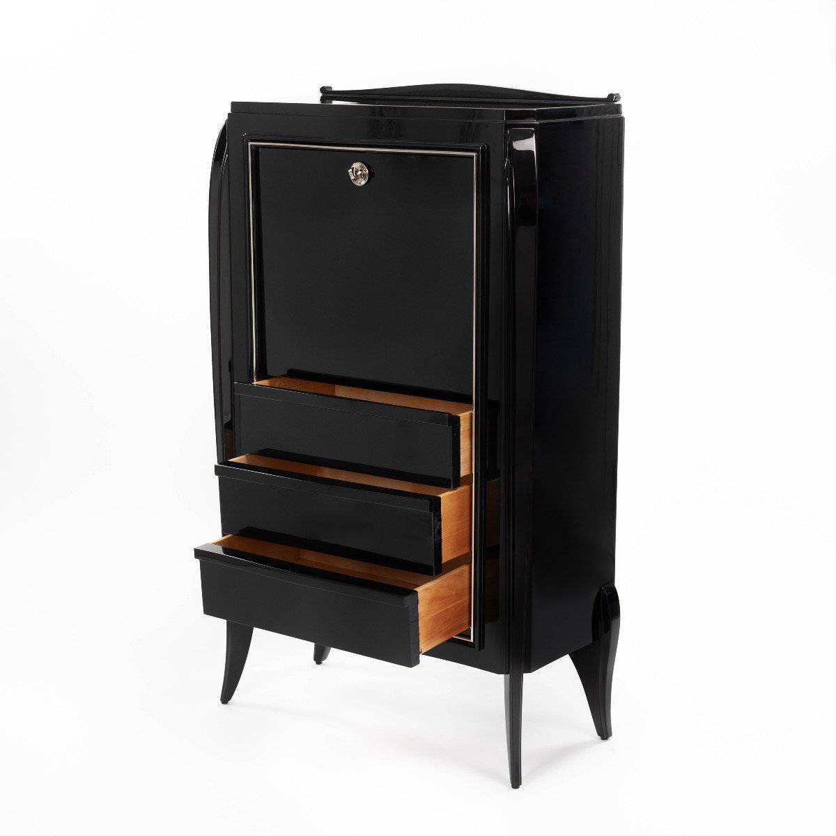 Secretaire Art Déco français Laque noire brillante Raccords plaqués nickel 1925-photo-3